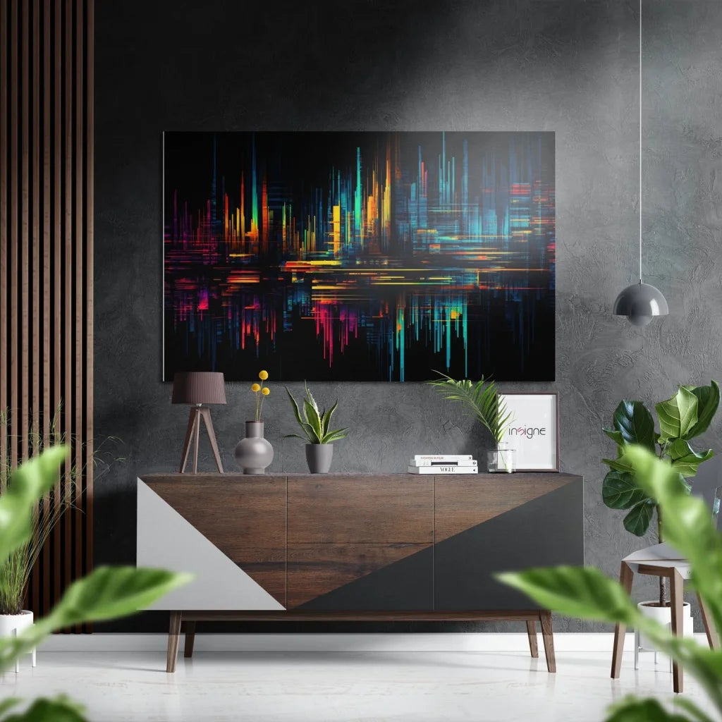 Vibrant neon cityscape on brushed aluminium dibond wall art