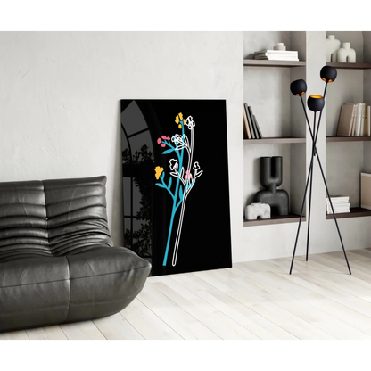 Neon Bloom glass wall art with glowing abstract florals on black canvas