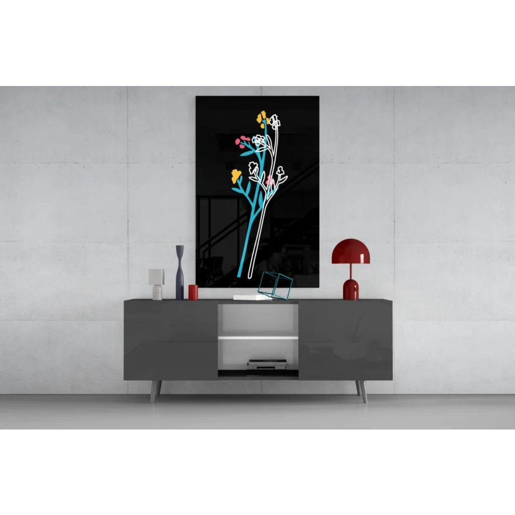 Neon Bloom glass wall art with glowing black canvas florals in neon blue, yellow, pink, white