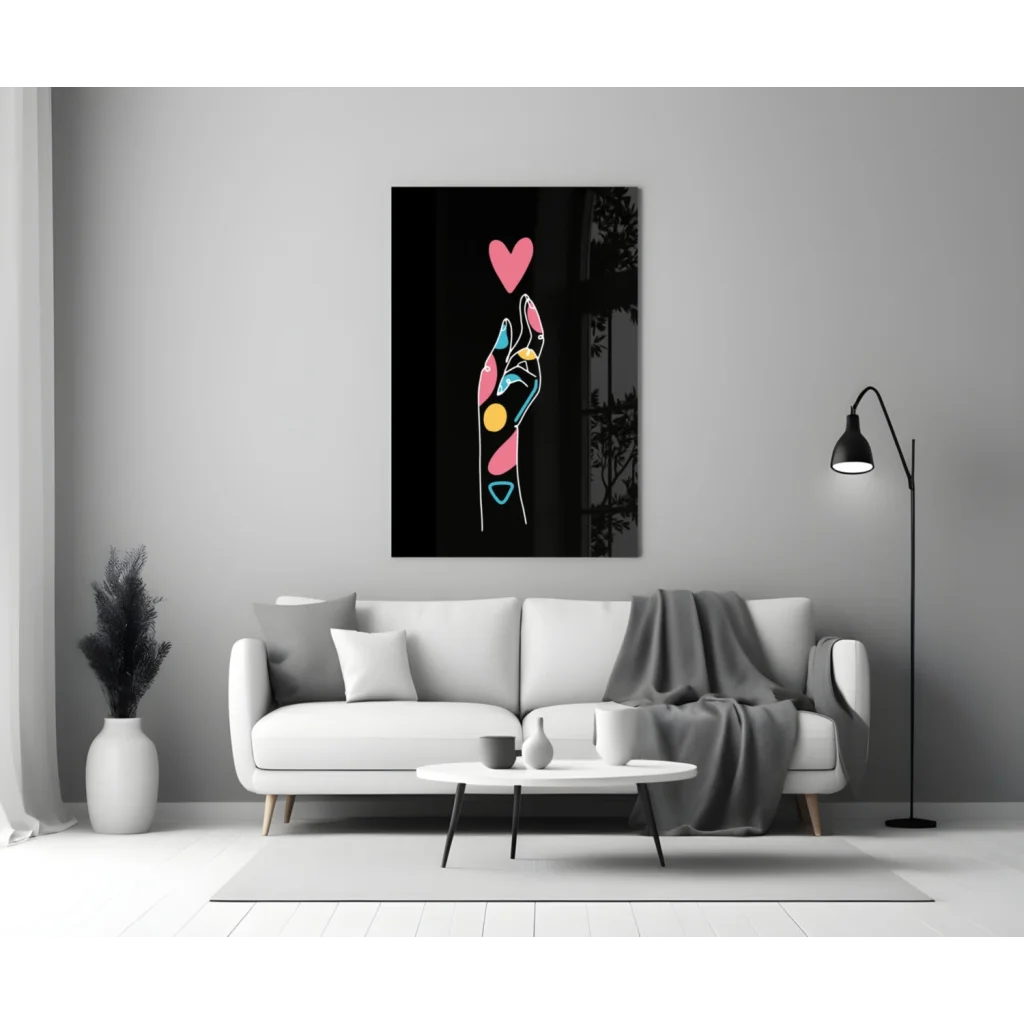 Neon Hand Heart Glass Wall Art Panel | Modern Wall Art Decor | vintageantiquesgifts.com