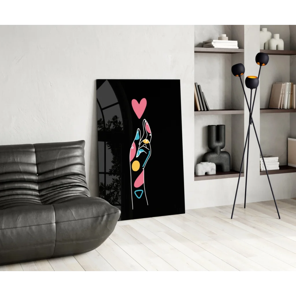 Stylized neon hand holding heart on black canvas glass wall art
