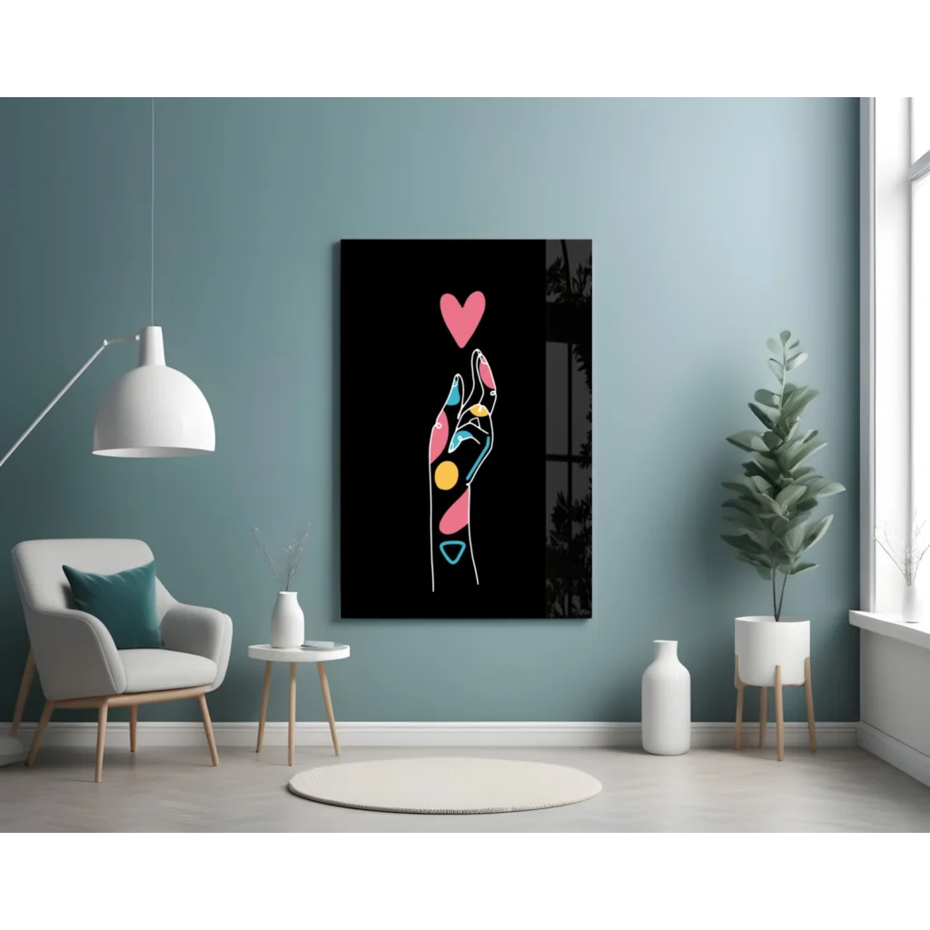 Neon Hand Heart Glass Wall Art Panel | Contemporary Home Wall Art | vintageantiquesgifts.com