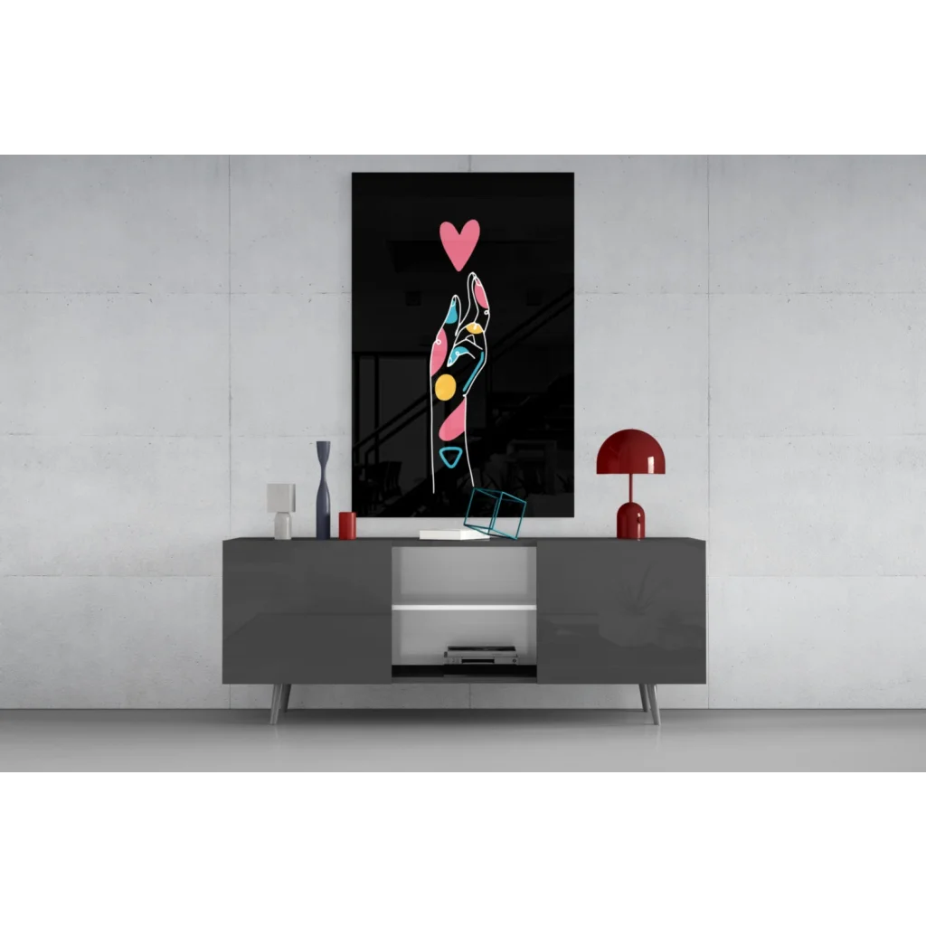 Vibrant neon hand reaching for pink heart in glass wall art panel