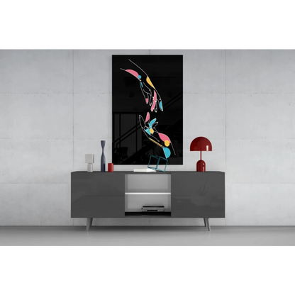 Vibrant glass wall art with bold colorful hands on black background