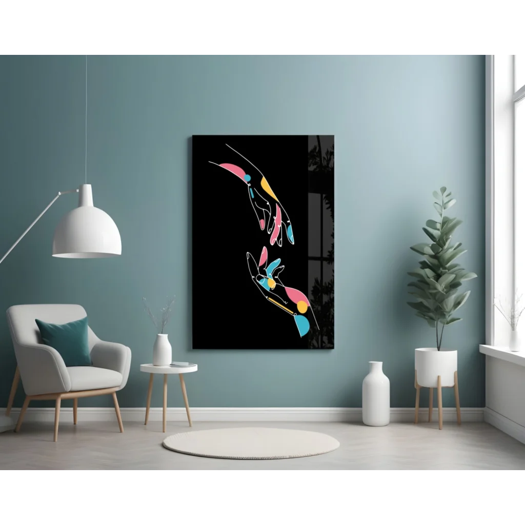 Vibrant Glass Wall Art with Bold Colorful Hands on Black | Contemporary Home Wall Art | vintageantiquesgifts.com