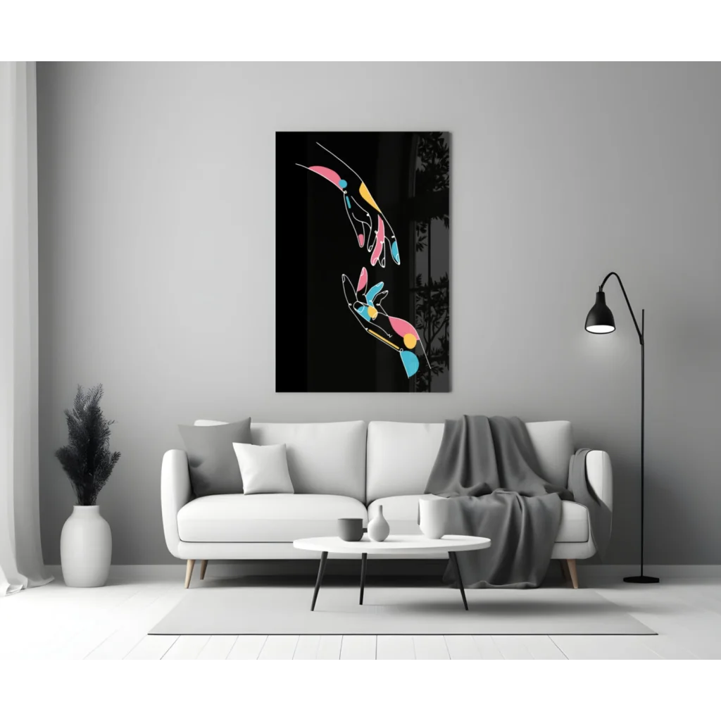 Vibrant Glass Wall Art with Bold Colorful Hands on Black | Modern Wall Art Decor | vintageantiquesgifts.com
