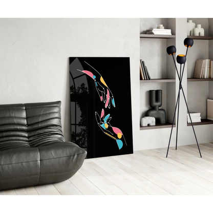 Vibrant glass wall art with bold colorful hands on black canvas