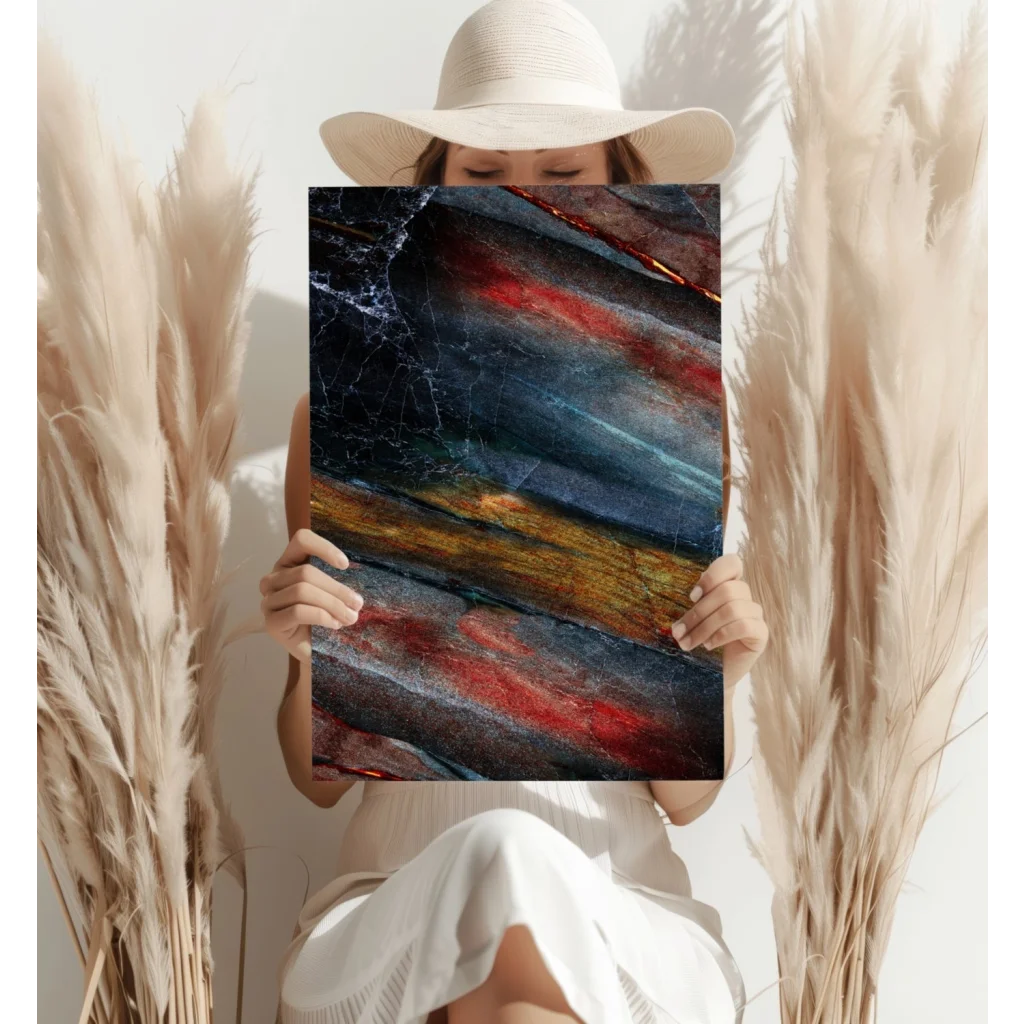 Bold abstract insigne aluminum print with blue, red, gold streaks on dark textured canvas