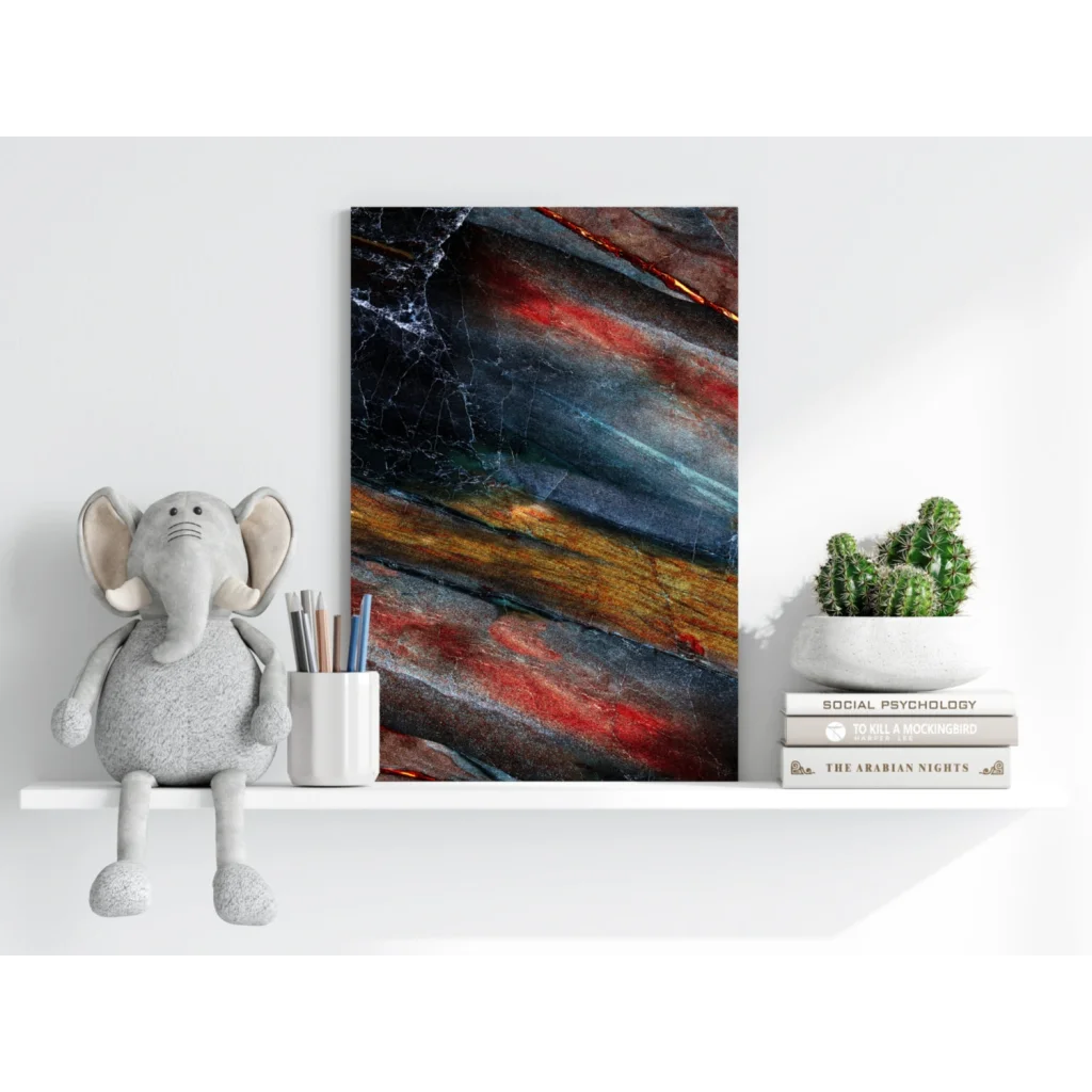 Bold abstract insigne aluminum print with swirling blue, black, brown and red streaks