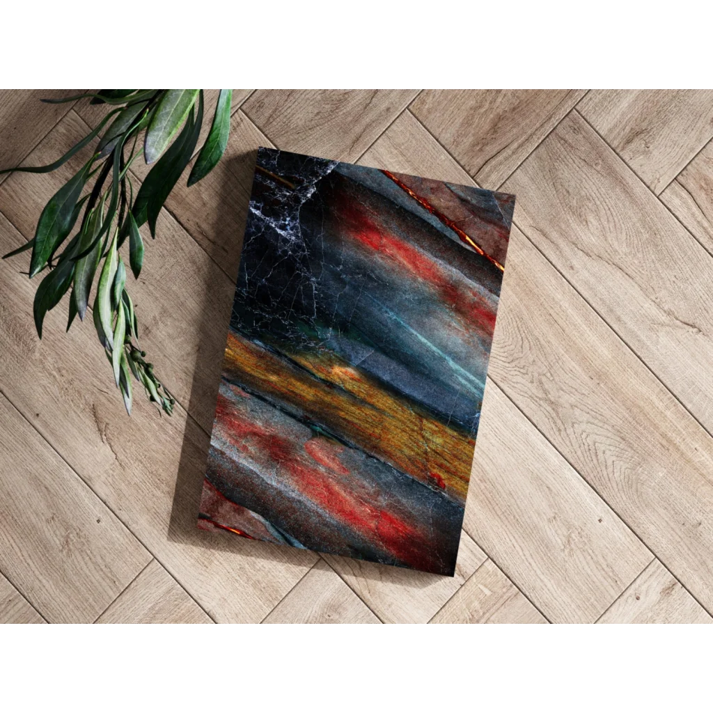 Bold abstract insigne aluminum print with red, gold, blue streaks on dark marble background