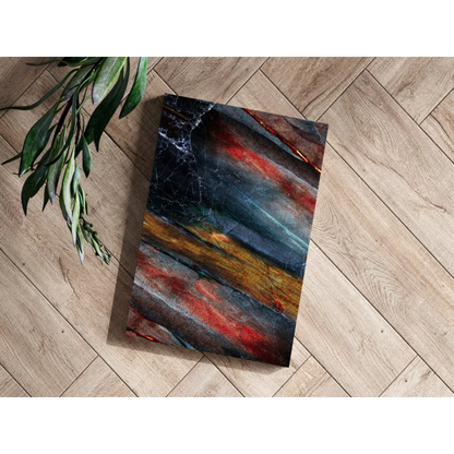 Bold abstract insigne aluminum print with red, gold, blue streaks on dark marble background