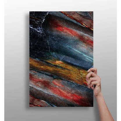 Bold abstract insigne aluminum print with black, red, gold stripes on gray