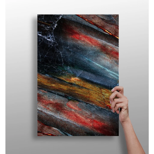Bold abstract insigne aluminum print with black, red, gold stripes on gray