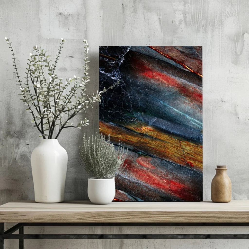 Bold abstract insigne aluminum print with red, orange, and blue streaks