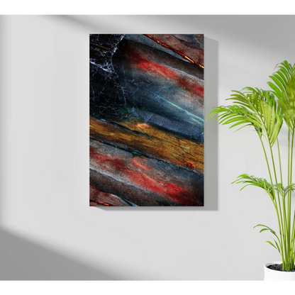 Bold abstract insigne aluminum print with blue, black, red, and gold streaks