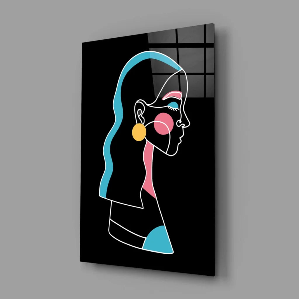 Stylized black acrylic wall art of woman profile with neon turquoise pink yellow accents