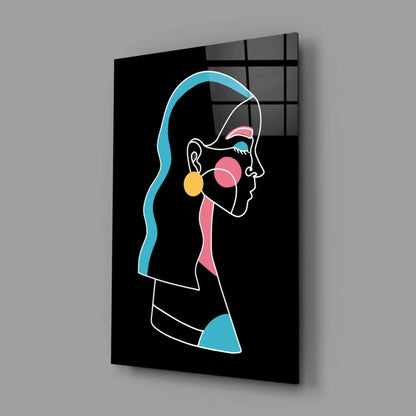 Stylized black acrylic wall art of woman profile with neon turquoise pink yellow accents