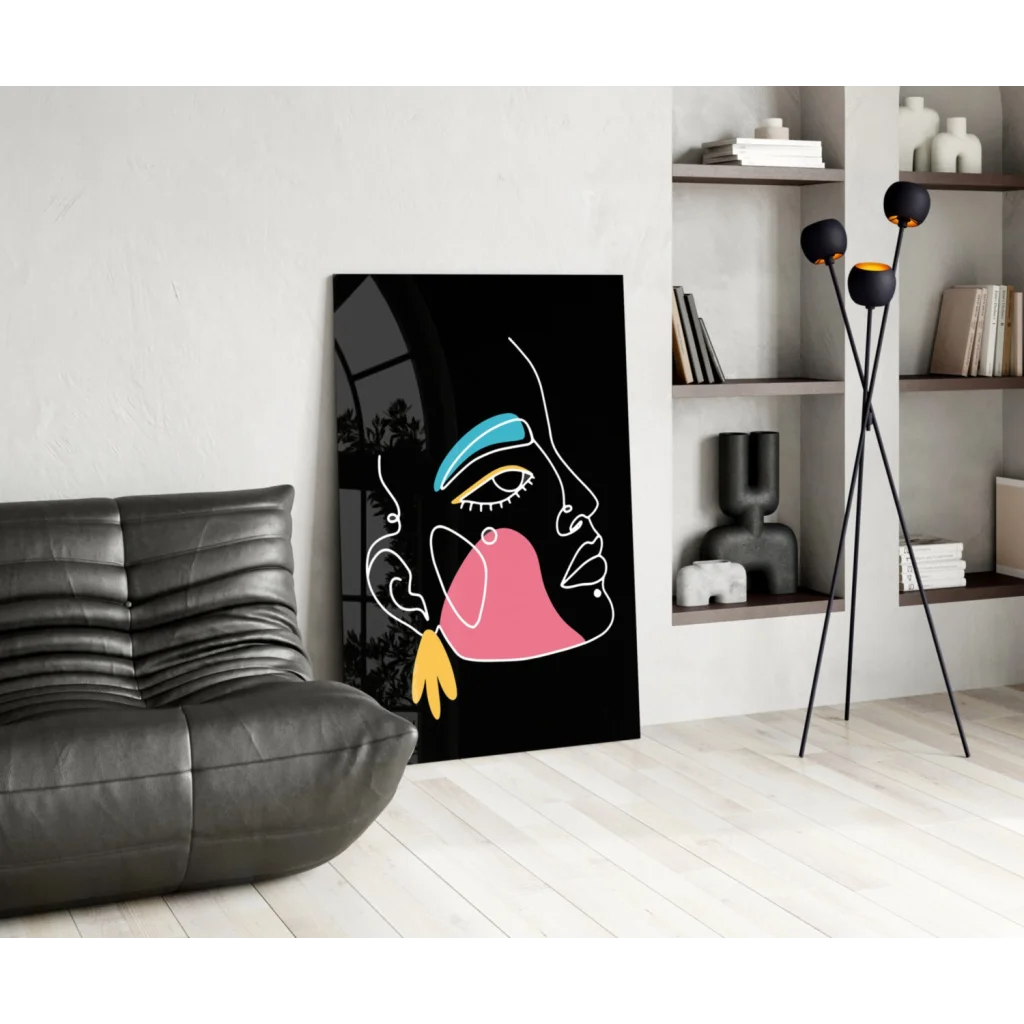 Neon abstract face canvas wall art in bold pink, turquoise, yellow