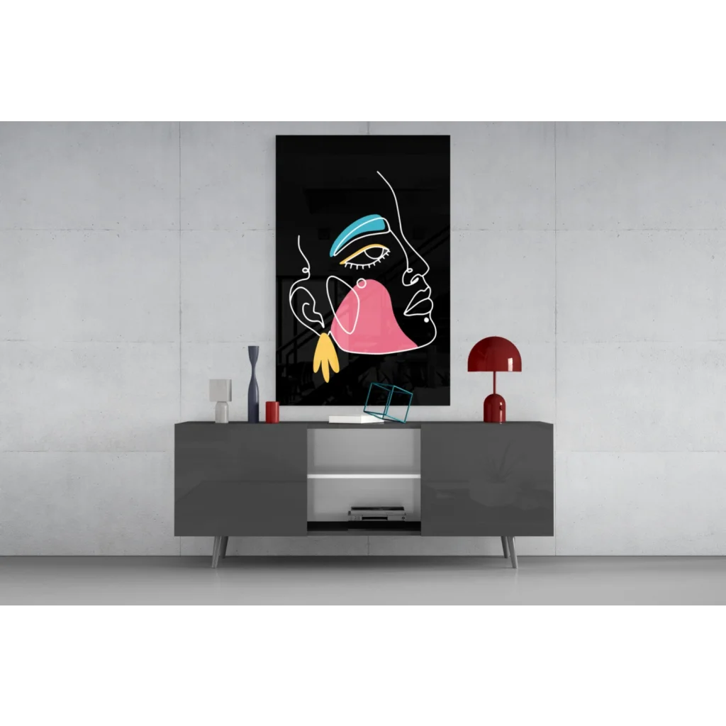 Bold neon abstract face canvas wall art in blue pink yellow on black