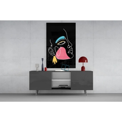 Bold neon abstract face canvas wall art in blue pink yellow on black