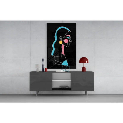 Vibrant neon pop art woman profile canvas wall art in teal pink yellow