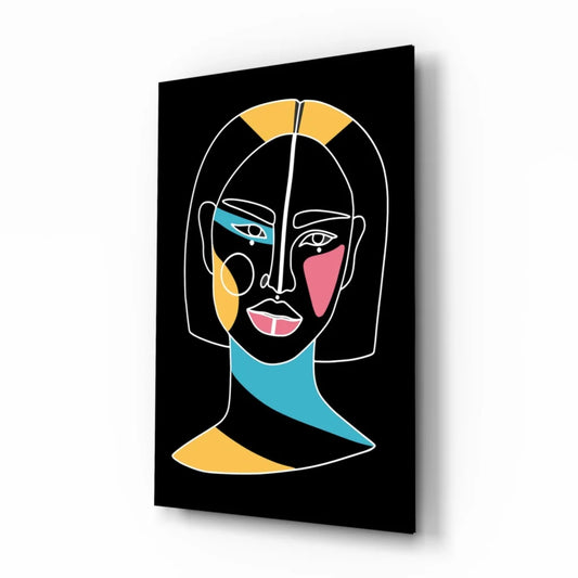 Vibrant geometric portrait glass wall art with bold neon colors