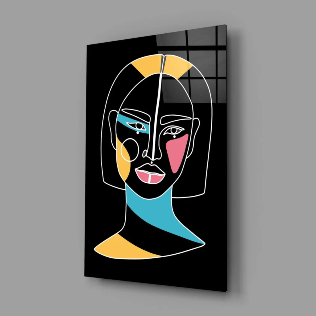 Vibrant geometric portrait glass wall art with bold neon colors