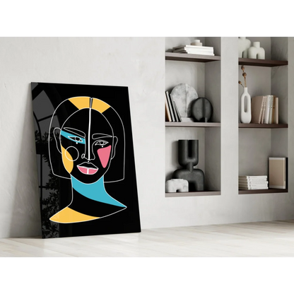 Vibrant geometric portrait glass wall art in bold yellow, pink, teal on black