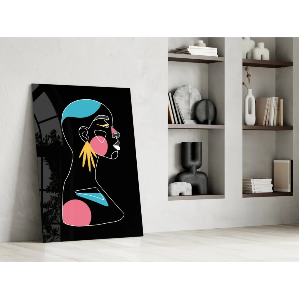 Stunning abstract glass wall art with turquoise, pink, yellow shapes on black