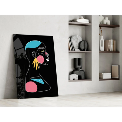 Stunning abstract glass wall art with turquoise, pink, yellow shapes on black