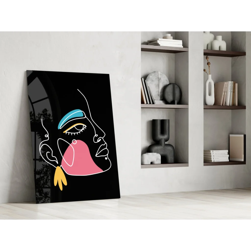 Neon abstract face canvas wall art with bold white outlines and vibrant colors
