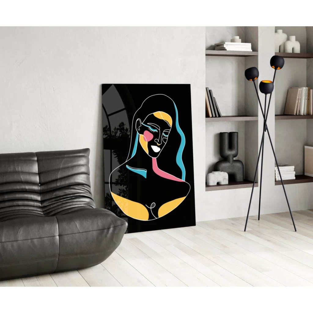 Vibrant neon portrait glass wall art with bold yellow, pink, teal shapes on black