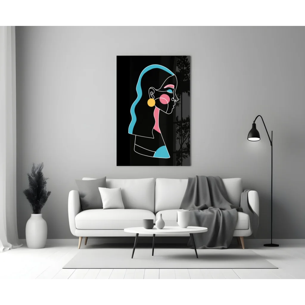 Vibrant neon pop art woman profile canvas wall art in teal pink yellow on black