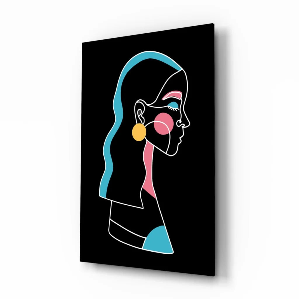 Neon pop art woman profile on black canvas wall art