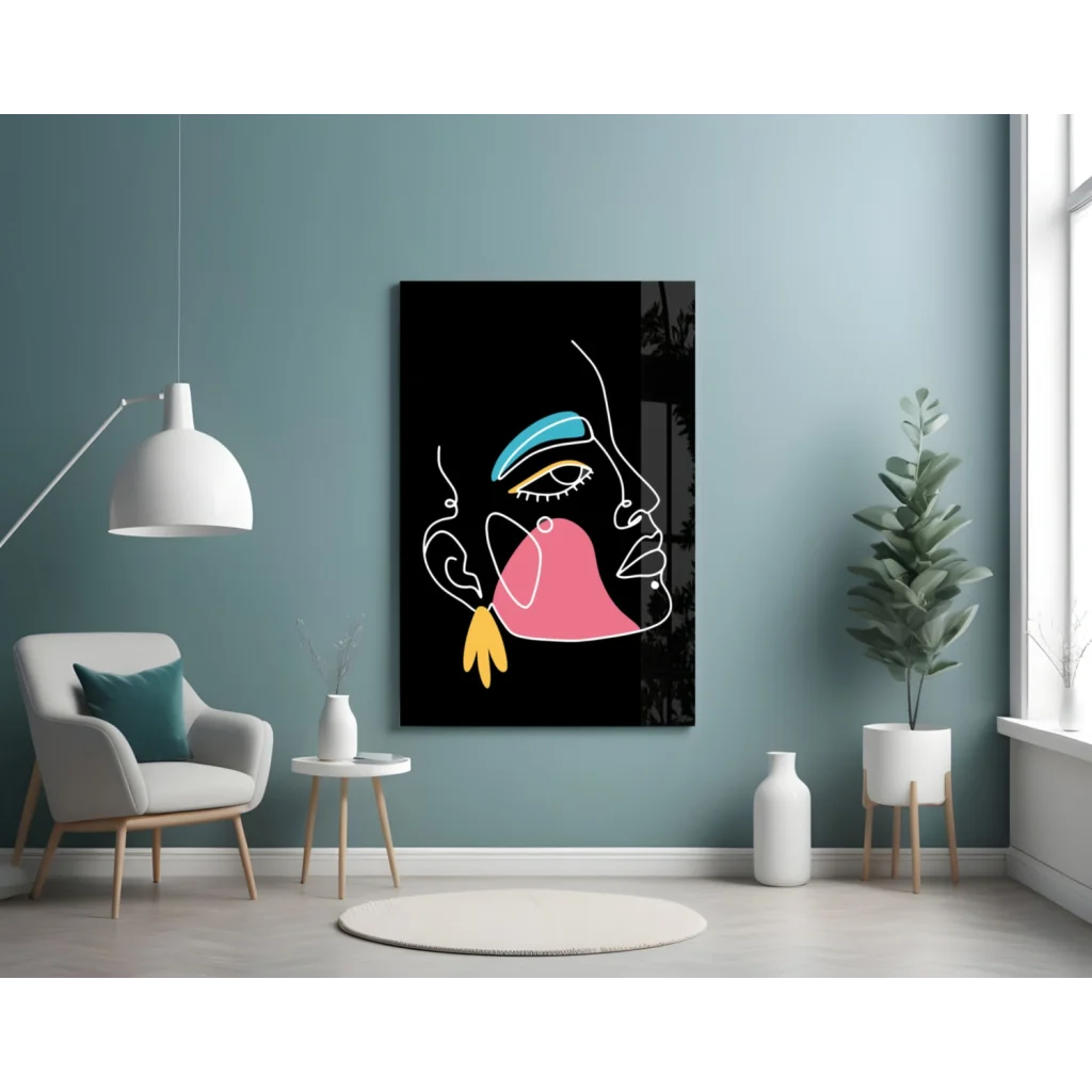 Neon abstract face canvas wall art in bold pink teal on black