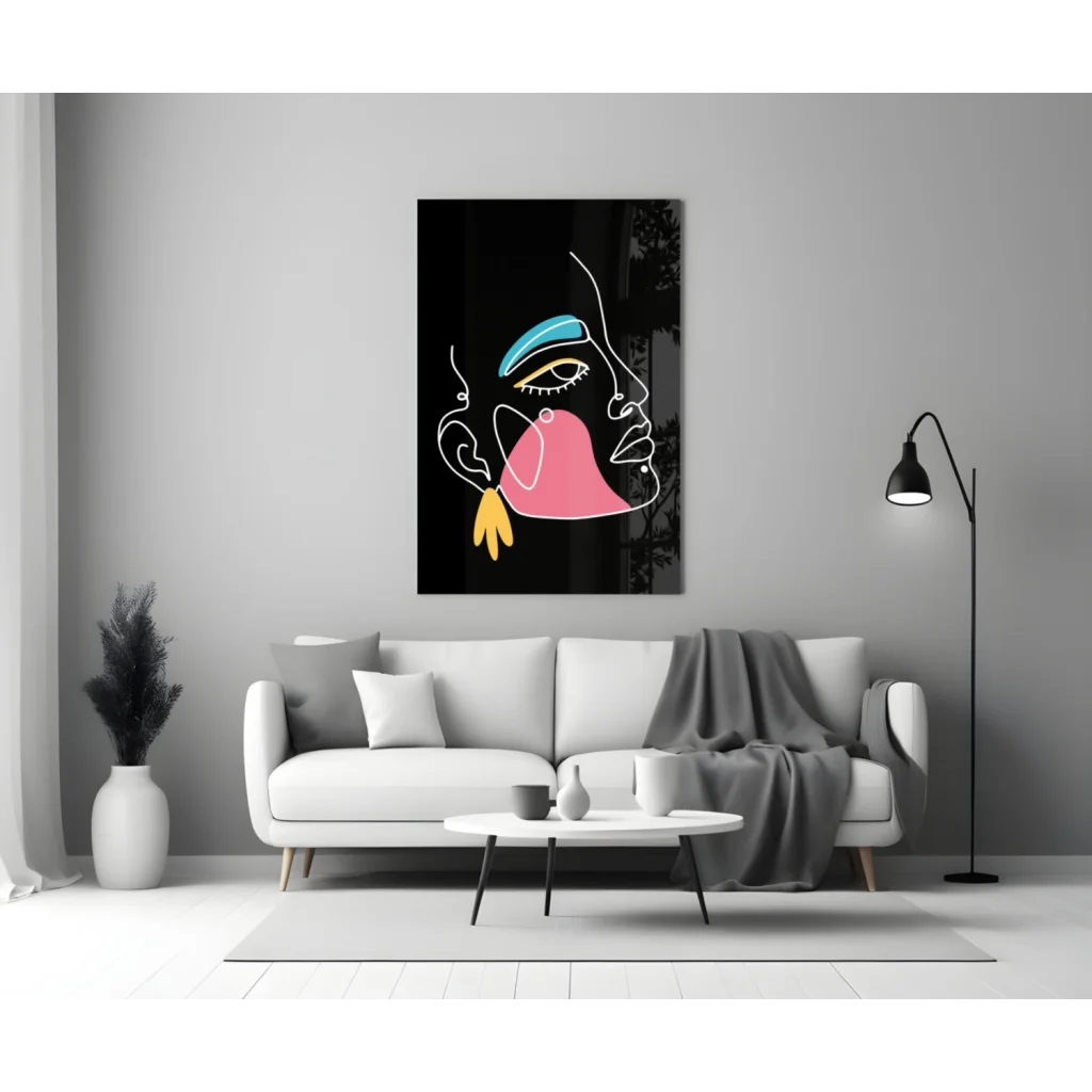 Neon abstract face canvas wall art in bold pink, turquoise, yellow on black