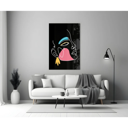 Neon abstract face canvas wall art in bold pink, turquoise, yellow on black