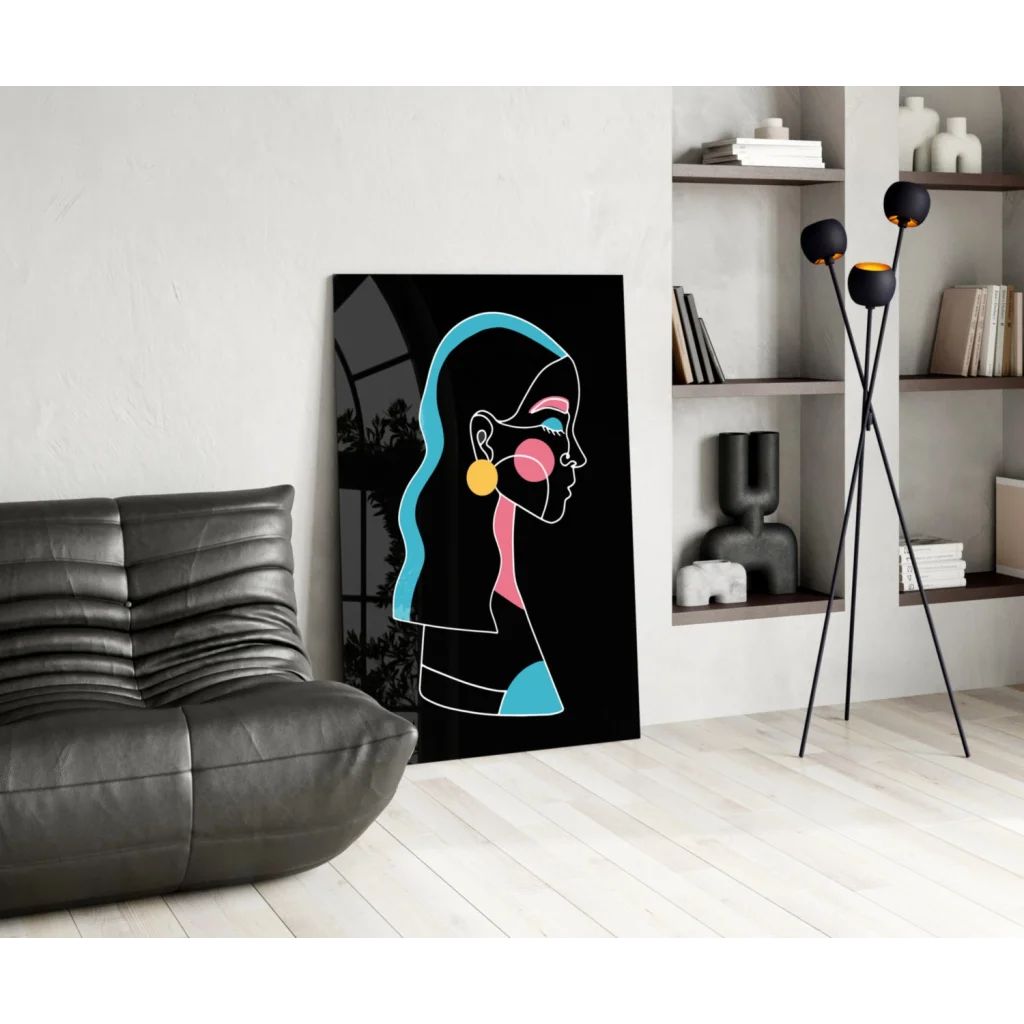 Vibrant neon pop art woman profile canvas wall art in teal pink yellow on black