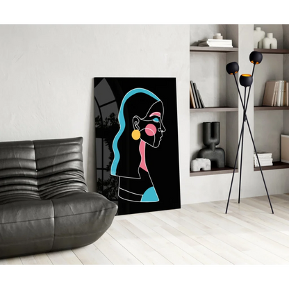 Vibrant neon pop art woman profile canvas wall art in teal pink yellow on black