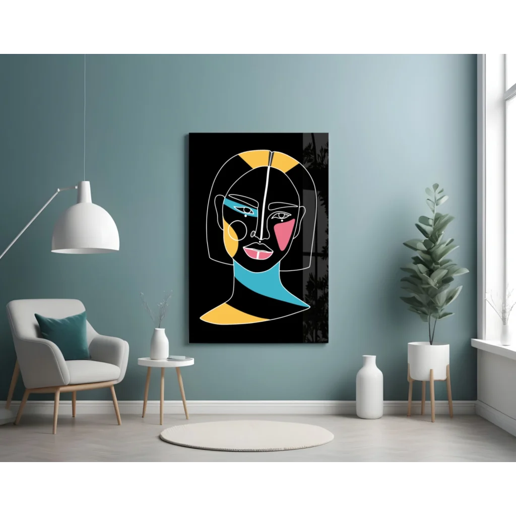 Vibrant geometric portrait glass wall art with bold neon colors