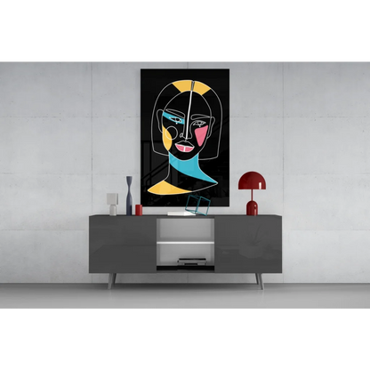 Vibrant geometric portrait glass wall art with bold neon black, yellow, pink, teal accents