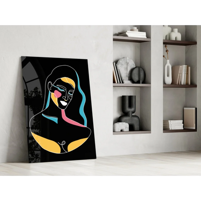 Neon Portrait Glass Wall Art with bold yellow, pink, teal lines on black canvas