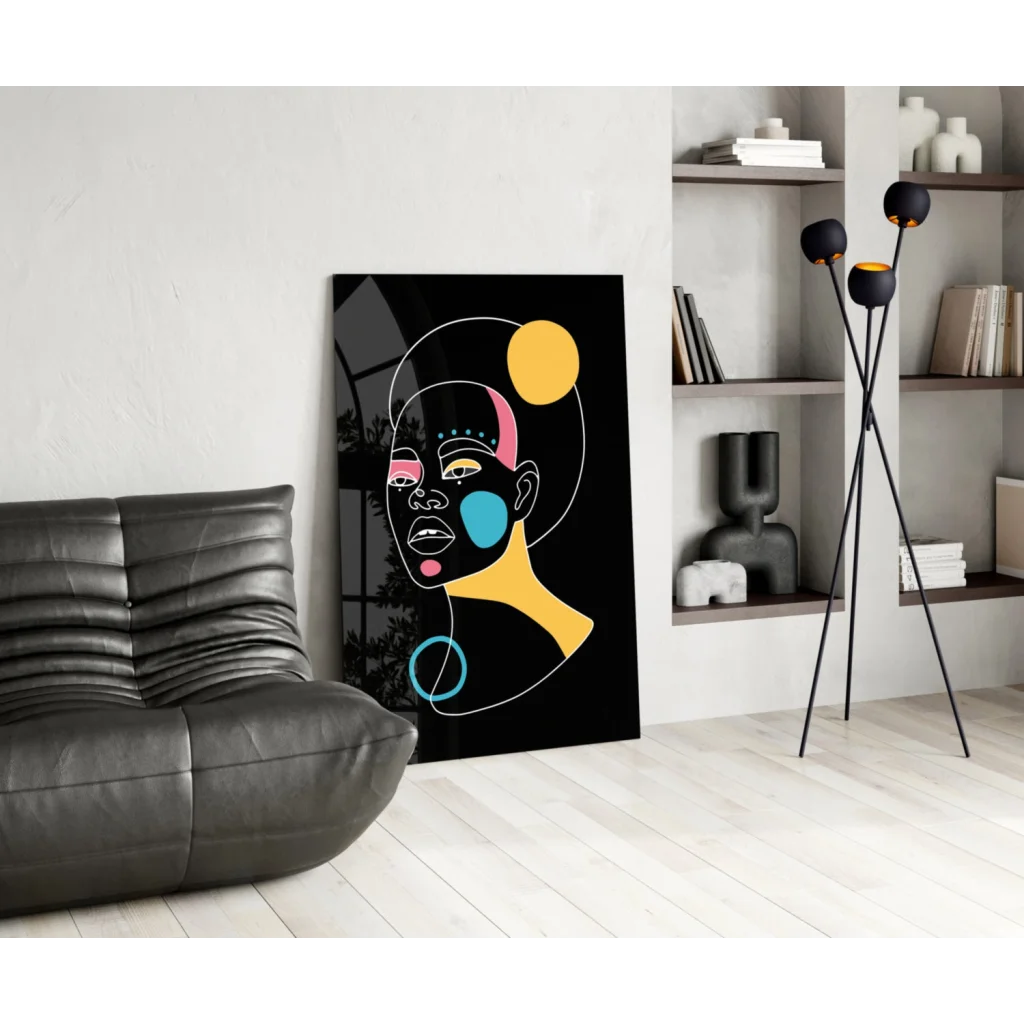 Vibrant bold geometric face glass wall art in black, yellow, pink, blue, teal