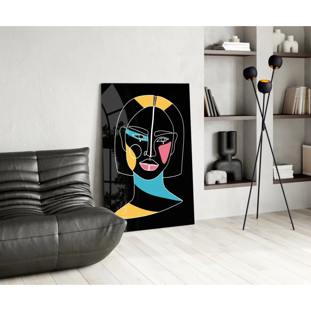 Vibrant geometric portrait glass wall art in yellow, pink, teal on black