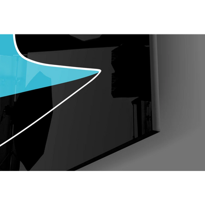 Sleek light blue curved graphic overlay on vibrant geometric glass wall art