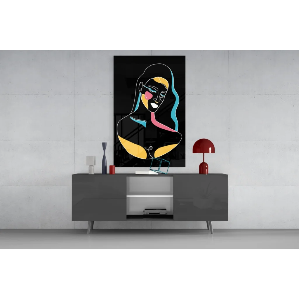 Neon portrait glass wall art with bold yellow, pink, cyan lines on black