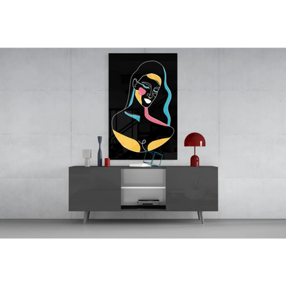 Neon portrait glass wall art with bold yellow, pink, cyan lines on black