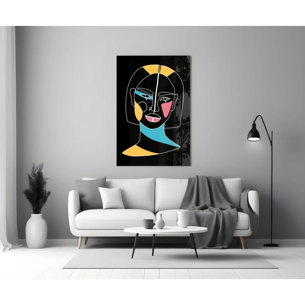 Vibrant geometric portrait glass wall art in bold neon yellow, cyan, pink