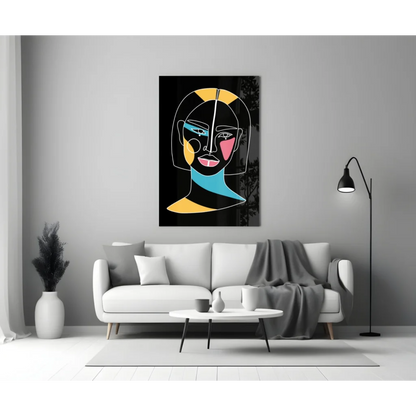 Vibrant geometric portrait glass wall art in bold neon yellow, cyan, pink