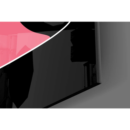 Sleek black curved glass wall art with pink accent and white trim